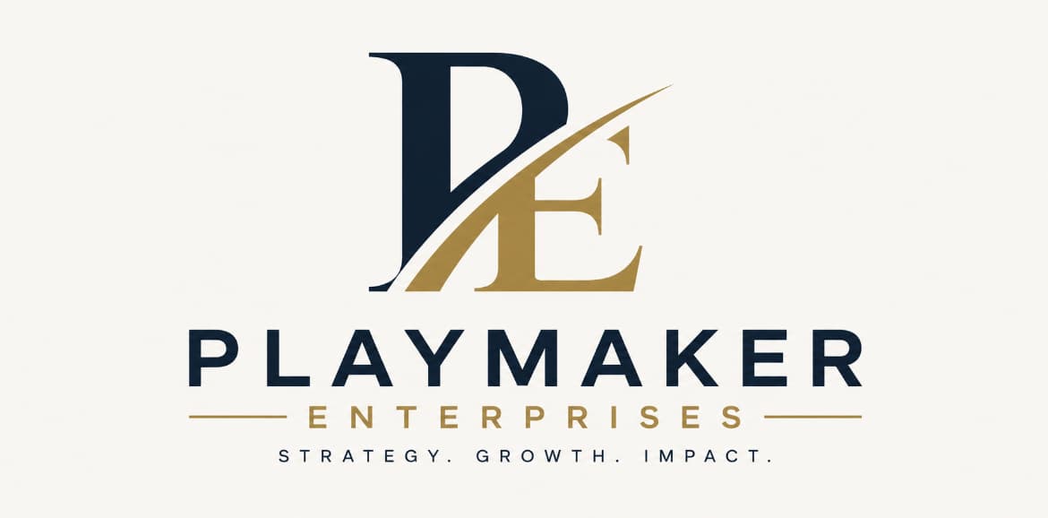 Playmaker Enterprises logo with blue and gold PE monogram and strategy growth impact tagline.