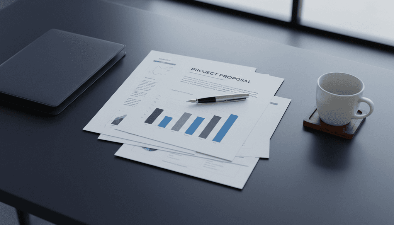 Stack of separate policy document pages on a dark navy desk