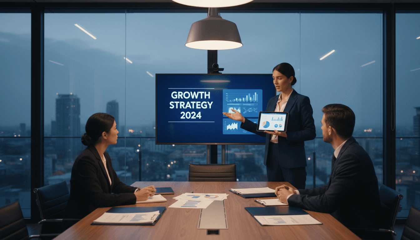 Business consultant reviewing strategy notes in a professional office setting