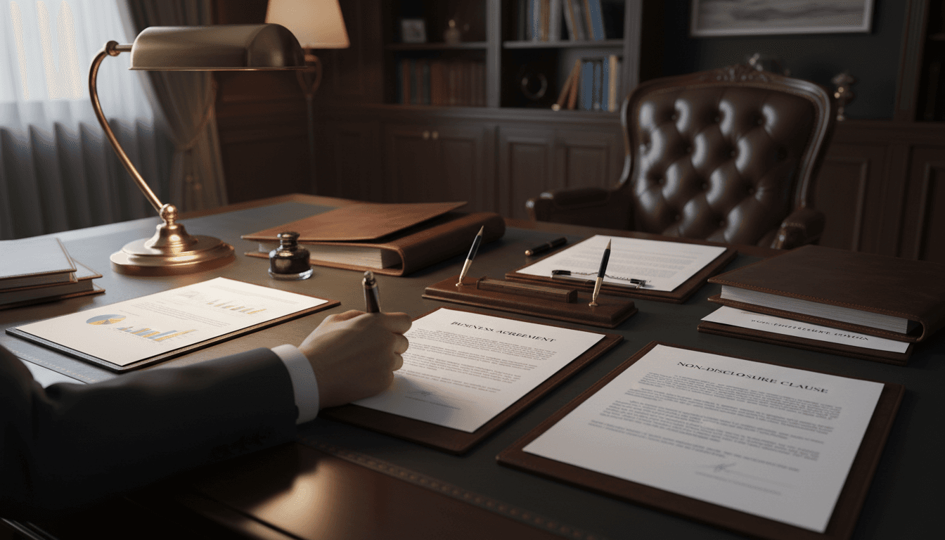 Business documents and a fountain pen on a dark wooden desk in a professional office setting