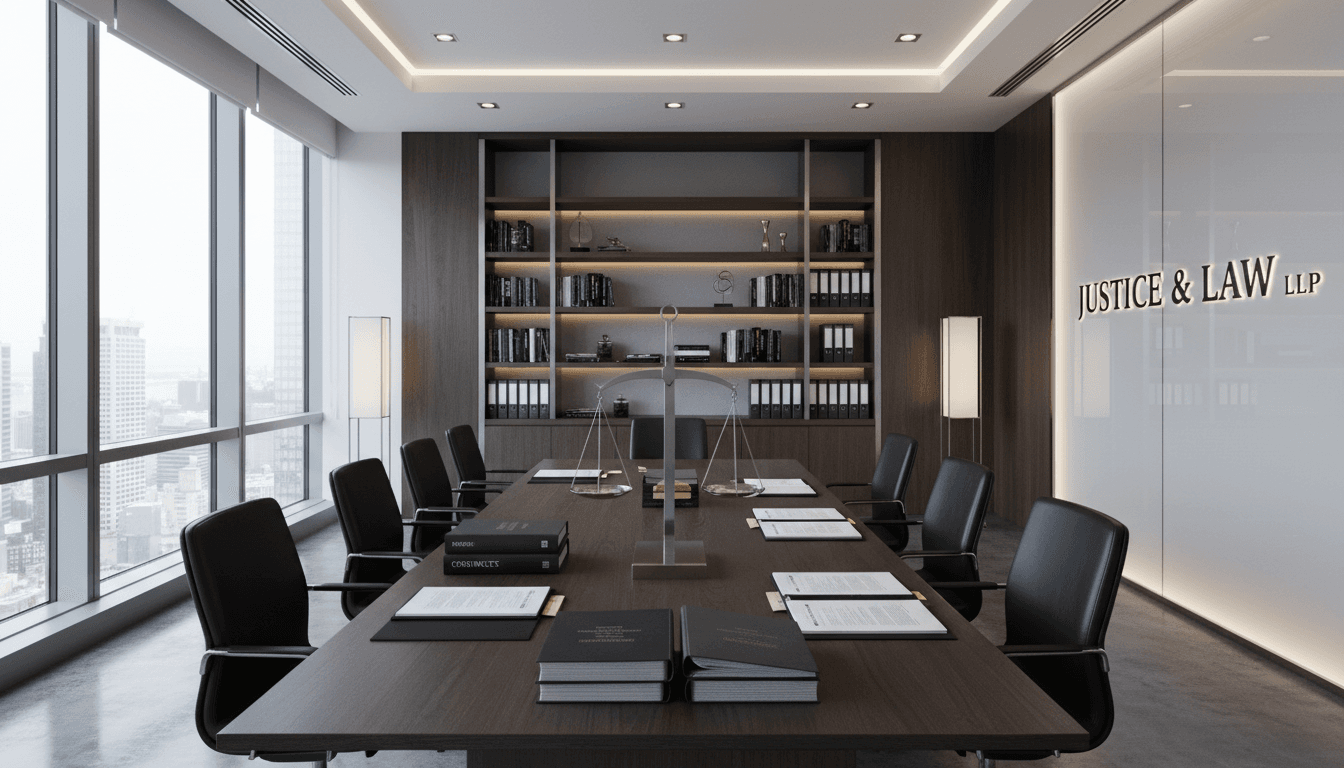 Modern professional law office interior with legal documents on desk
