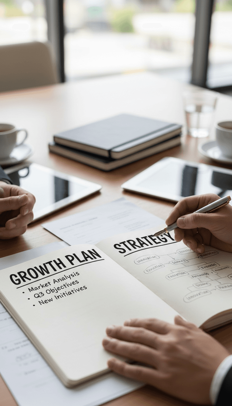 Strategy session business consultant meeting notebook