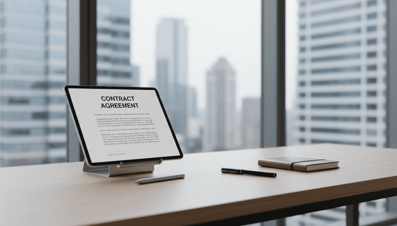 Modern minimalist office desk with tablet showing a legal document and pen