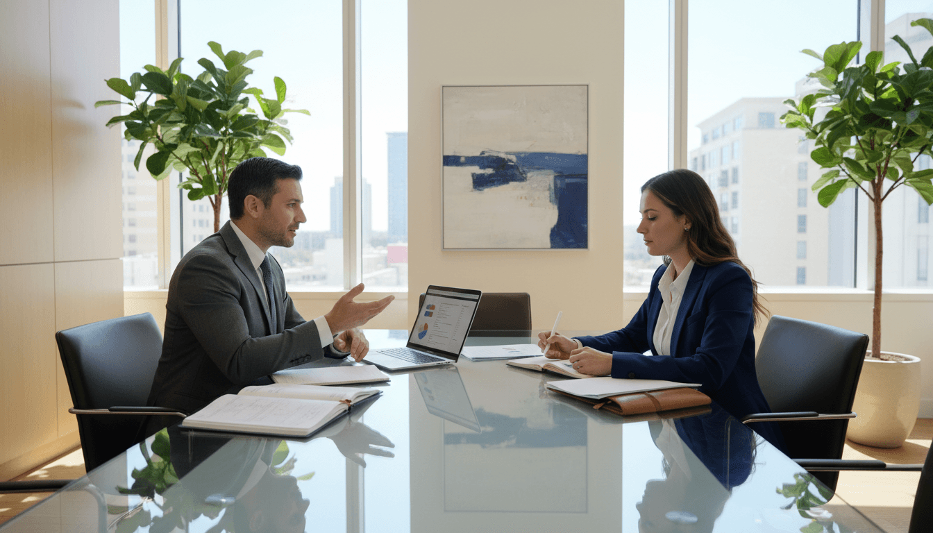 Business consultant meeting with a client in a modern office