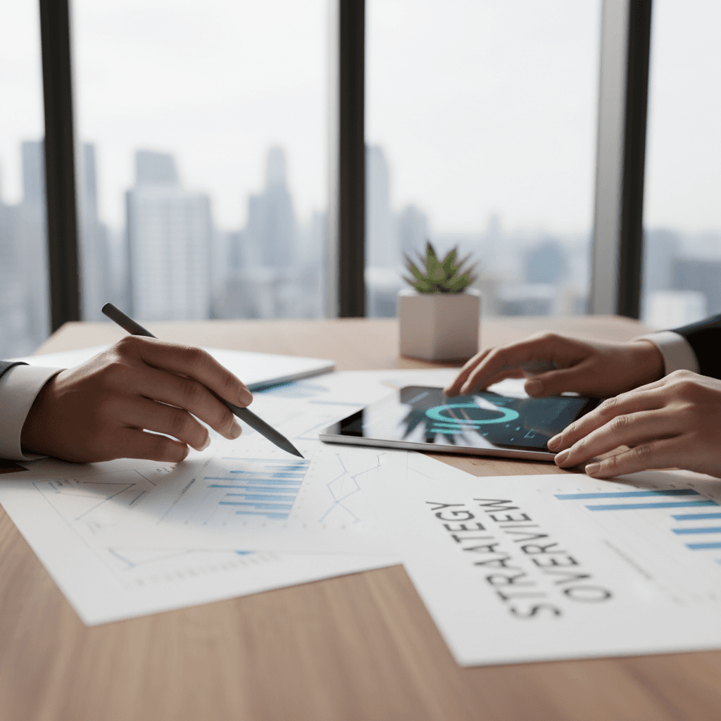 Business consultant reviewing strategic documents with a client in a conference room