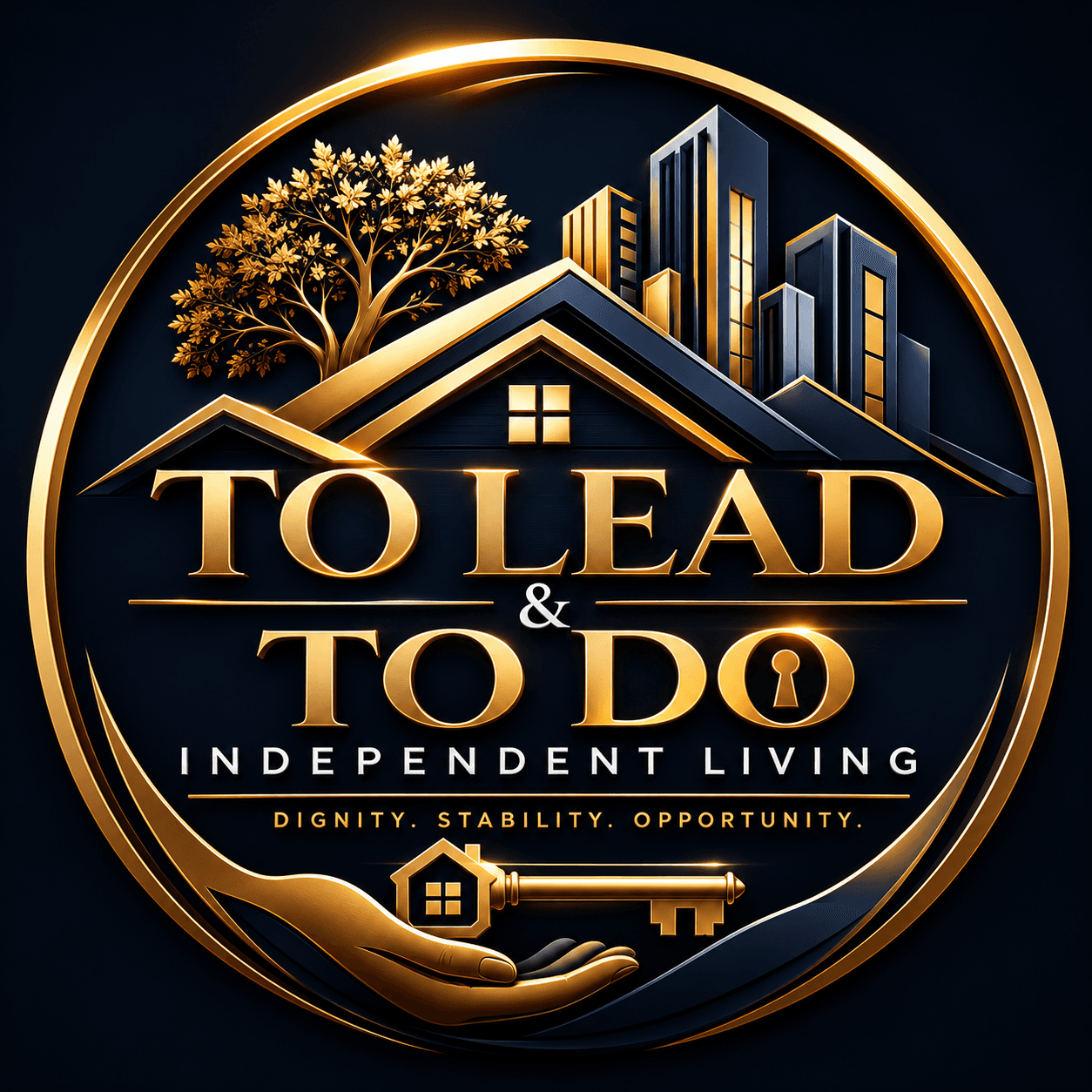 Gold circular emblem for TO LEAD & TO DO INDEPENDENT LIVING with house and city.