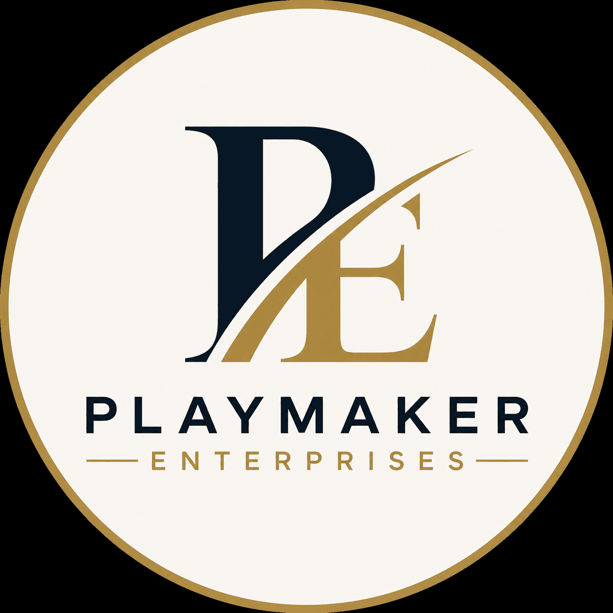 Playmaker Enterprises logo featuring navy P and gold E monogram inside a gold-bordered circle.