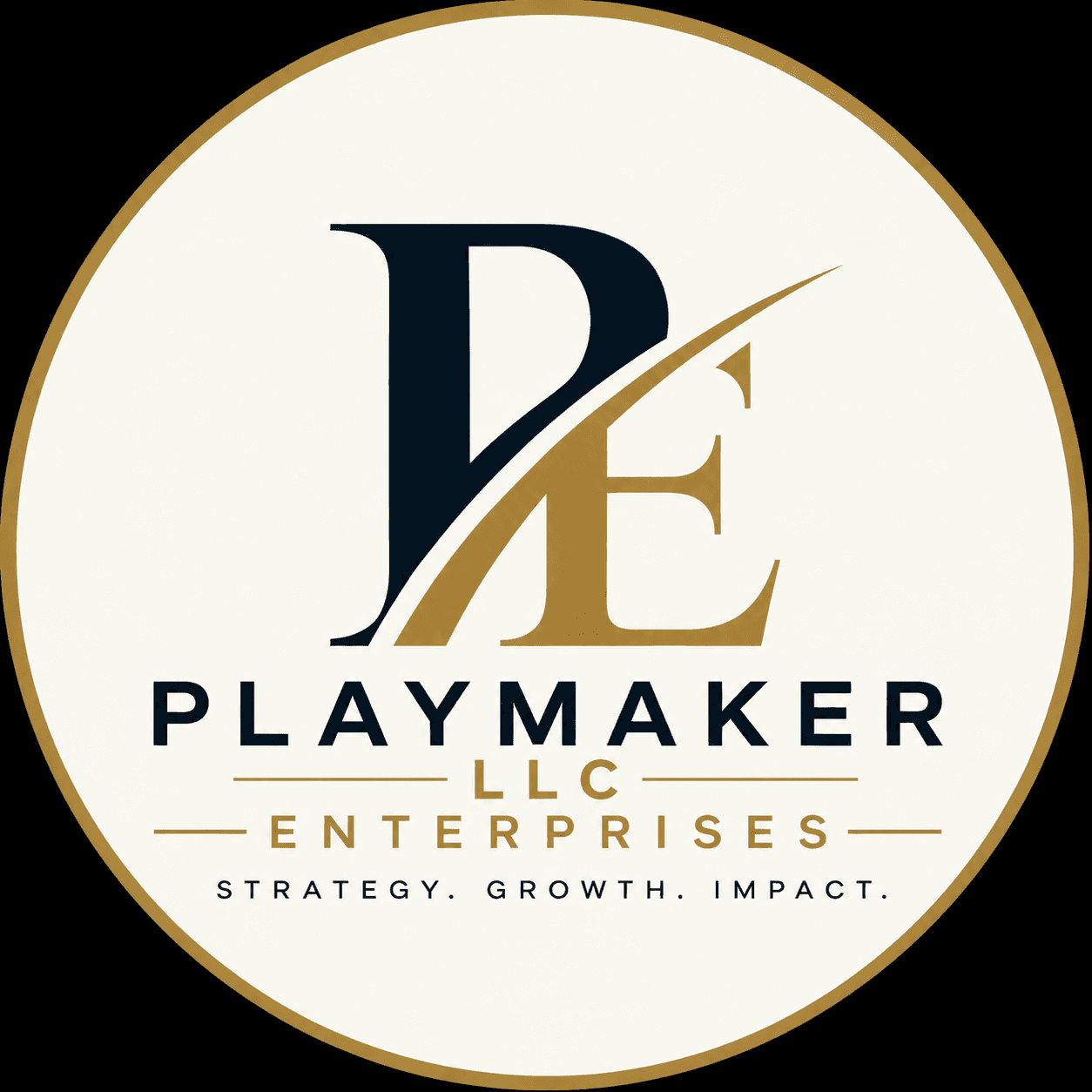 Circular logo for Playmaker LLC Enterprises featuring a navy and gold PE monogram and tagline.